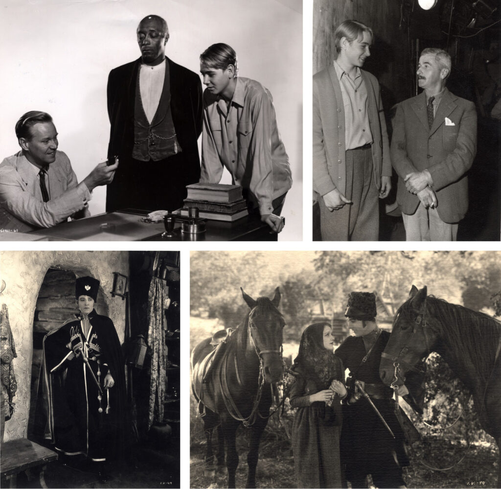Collage of photos from films directed by Clarence Brown: Juano Hernandez and David Brian in “Intruder in the Dust”; candid photo of Claude Jarman Jr. and author William Faulkner on the set of “Intruder in the Dust”; scenes from “The Eagle,” starring Rudolph Valentino and Wilma Banky