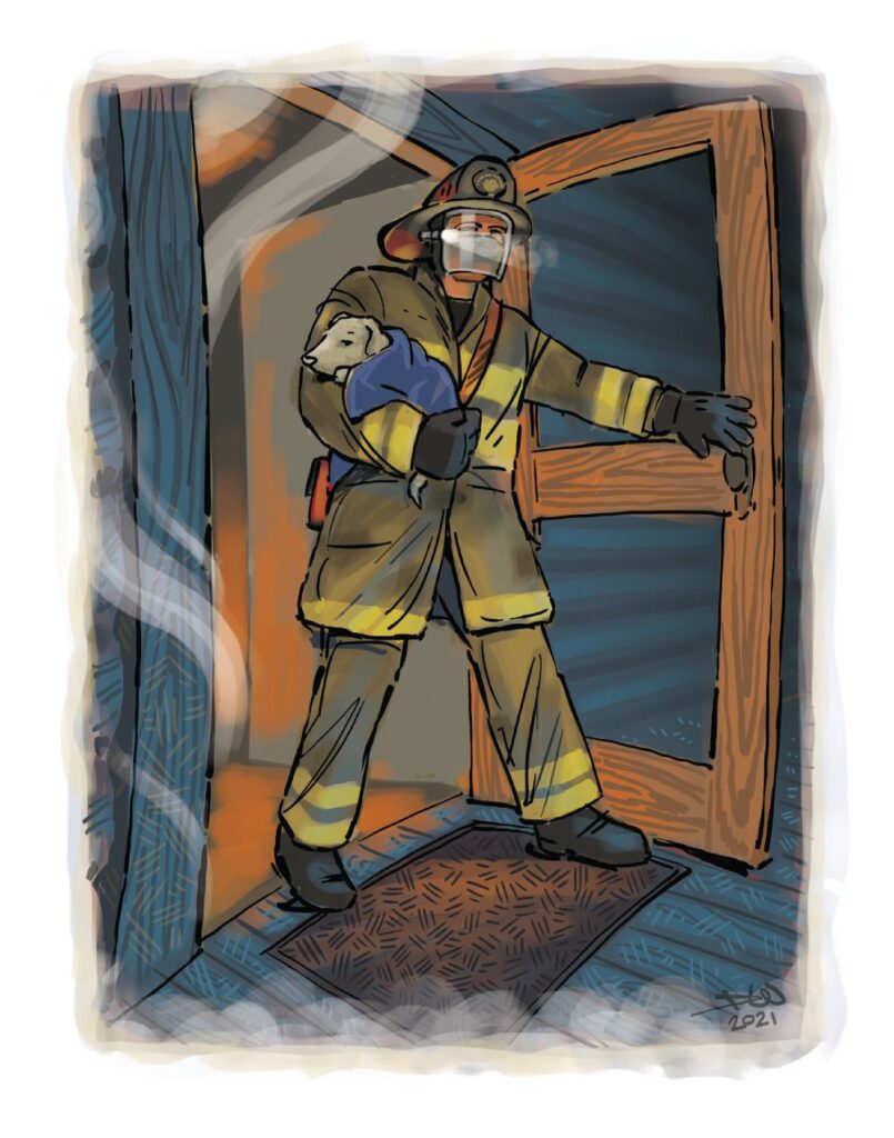 “Animal Rescue” by Danny Wilson (A fireman exits a burning house with a dog cradled in his arms)