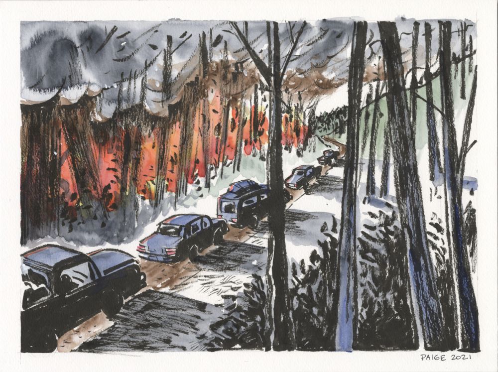 “Leading the Way Out of the Fire” by Paige Braddock (shows a line of cars escaping down a country road, surrounded by wildfire)