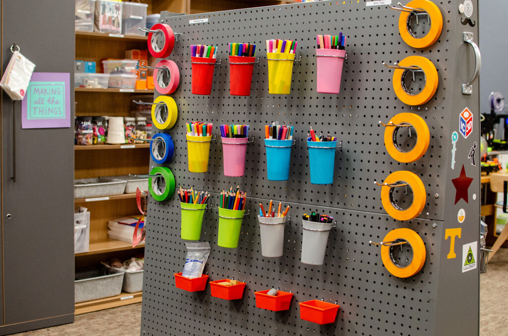 Medbery Makerspace, 209 Hodges Library, showing colorful selection of supplies