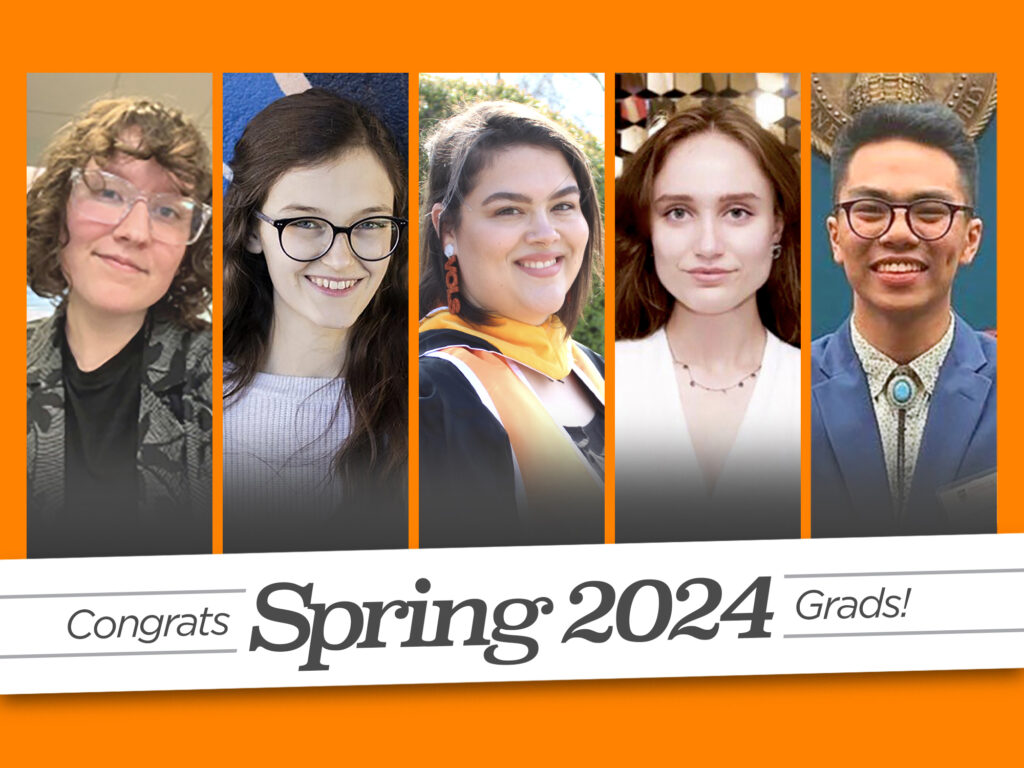 Spring 2024 grads pictured; left to right: Cameron Atkinson; Arwen Roach; Gabrielle Cochran; Daria Podzolkova; Matthew Delgado