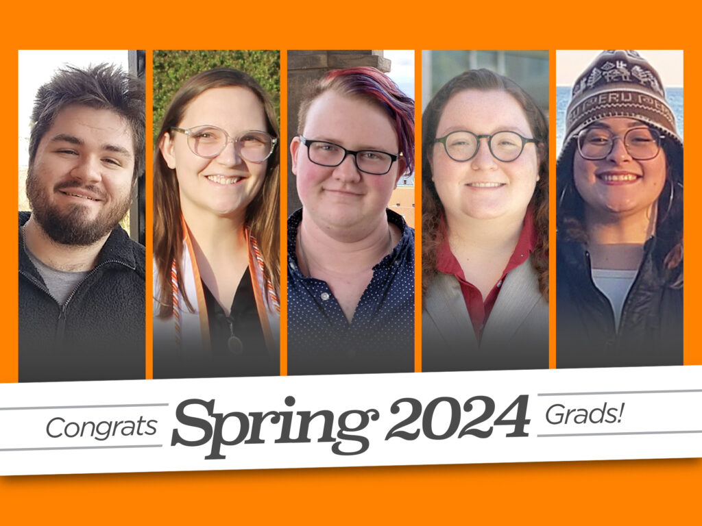 Spring 2024 grads pictured, left to right: Myles Bowman, Jessica Oetting, Onyx Bard, Sam Konsavage, Terra Schaeffer