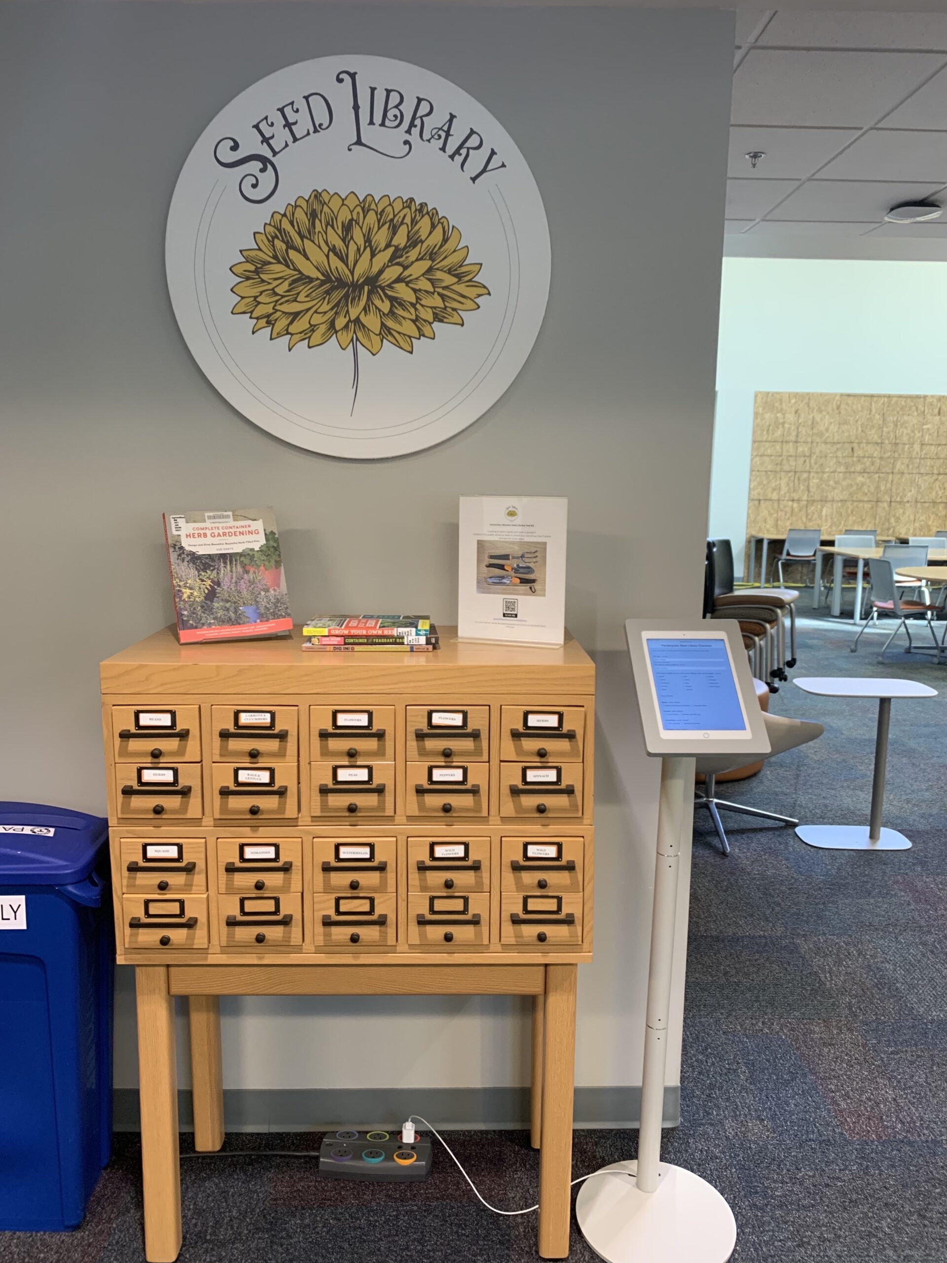 Seed Library card catalog and sign